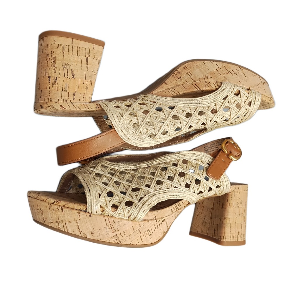 Aerosoles Clora Platform Sandals Womens Size 9.5W Tan Crochet Buckle Strap EUC